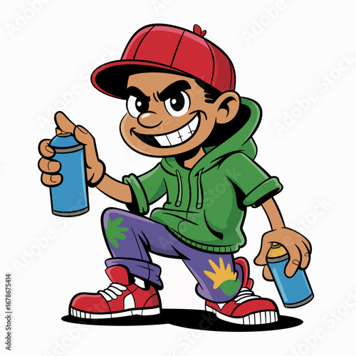 Mischievous cartoon boy with a red cap and green hoodie holding blue spray paint cans, ready for graffiti art.