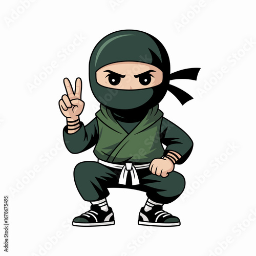 A cute cartoon ninja in a green costume and black mask, crouching down and making a peace sign gesture.