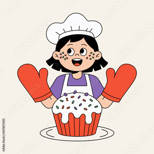 A cheerful young baker wearing a chef's hat and oven mitts proudly presents a large, frosted cupcake adorned with colorful sprinkles.