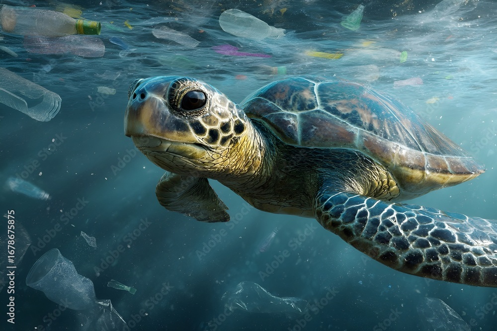 Fototapeta premium Sea turtle swimming among ocean plastic waste highlighting ocean pollution and environmental crisis. Marine life endangered by human waste. Sea turtle trapped in polluted ocean 