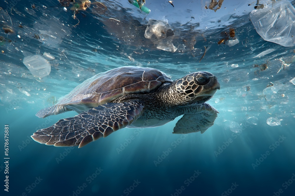 Obraz premium Sea turtle swimming among ocean plastic waste highlighting ocean pollution and environmental crisis. Marine life endangered by human waste. Sea turtle trapped in polluted ocean 