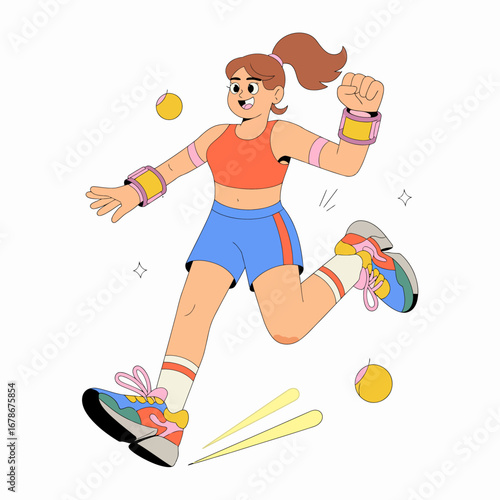 A vibrant cartoon illustration of a woman jogging with wrist and ankle weights, showcasing an active and healthy lifestyle.