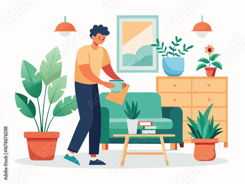 New homeowner decorating living room with plants and furniture creating a cozy atmosphere