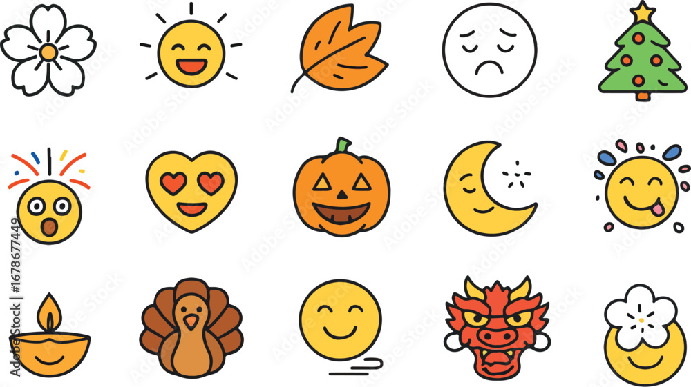 Fototapeta premium Collection of colorful cartoon icons representing holidays seasons and emotions including a flower sun leaf sad face christmas tree turkey pumpkin moon dragon and diwali lamp