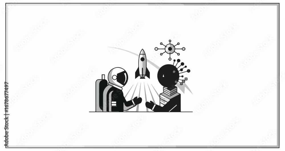 Obraz premium Futuristic meeting between astronaut and artificial intelligence