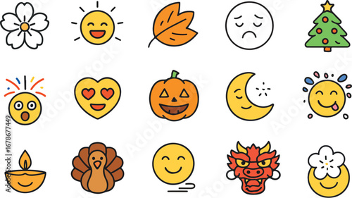 Collection of colorful cartoon icons representing holidays seasons and emotions including a flower sun leaf sad face christmas tree turkey pumpkin moon dragon and diwali lamp
