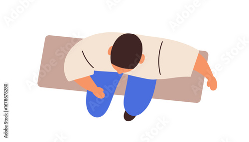 Man sitting on bench, top down view. Male character resting in seated position outdoors, overhead. Person relaxing alone, leisure and ease time. Flat vector illustration isolated on white background