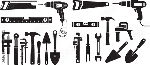 A comprehensive set of black-and-white silhouettes for various tools, including saws, drills, hammers, and wrenches, for construction and repair