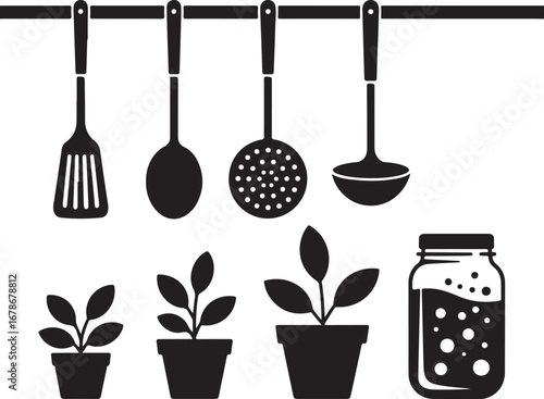 A black-and-white illustration featuring kitchen utensils hanging from a rack, with potted plants and a jar below, representing cooking and home life.