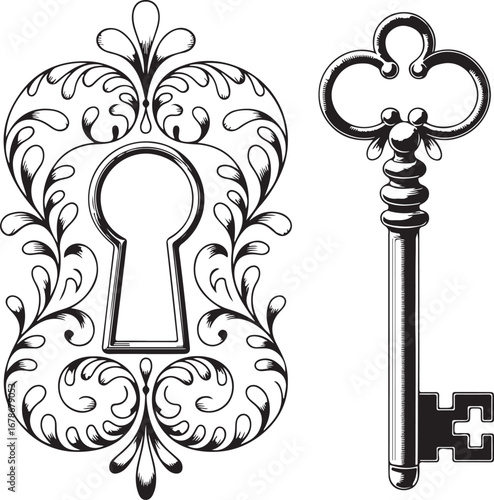  A detailed, ornate, monochrome illustration of a decorative keyhole plate with elaborate scrollwork and a matching antique skeleton key.