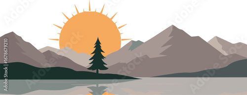 Serene mountain lake at sunrise with a lone pine tree and calm water reflections