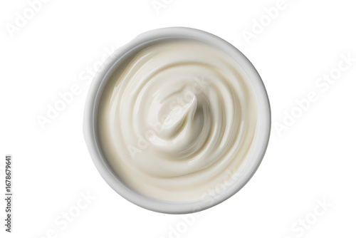Top view of a bowl of creamy white yogurt isolated on transparent background. Close-up view of smooth creamy mayonnaise in a white bowl isolated on white background.