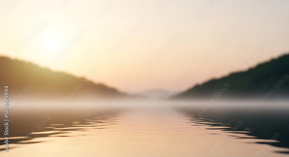 Obraz premium Misty sunrise over a calm lake, with hills shrouded in fog and golden light