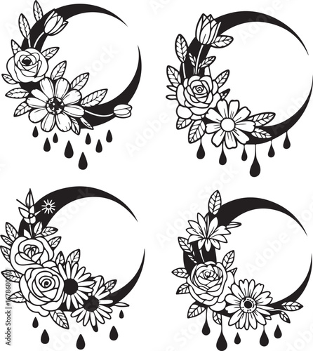 Floral Crescent Moons: A Set of Bohemian and Mystical Designs