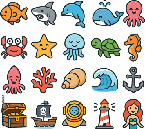 Collection of cute cartoon marine animals and ocean life icons for childrens illustrations and designs