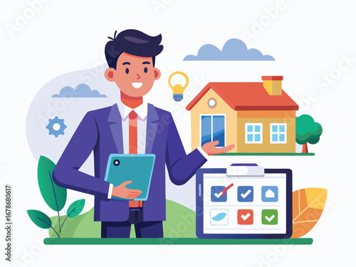 Real estate agent presents home options and property details with clipboard checklist