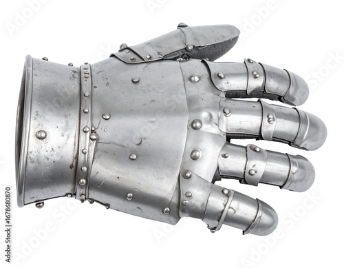 A detailed, armored iron gauntlet, isolated on a white background, symbolizing strength, medieval history, and protection.