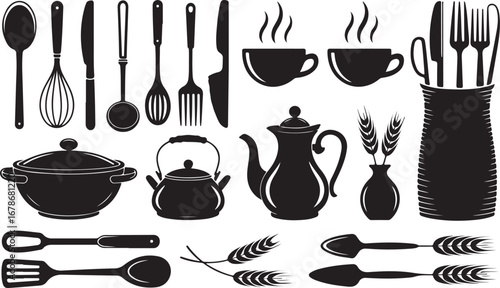 A comprehensive set of monochrome icons for the kitchen, featuring cooking utensils, cookware, a chef's hat, and tableware