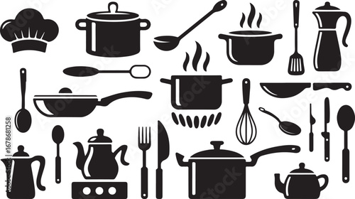A comprehensive set of monochrome icons for the kitchen, featuring cooking utensils, appliances, pots, pans, and a kitchen scale