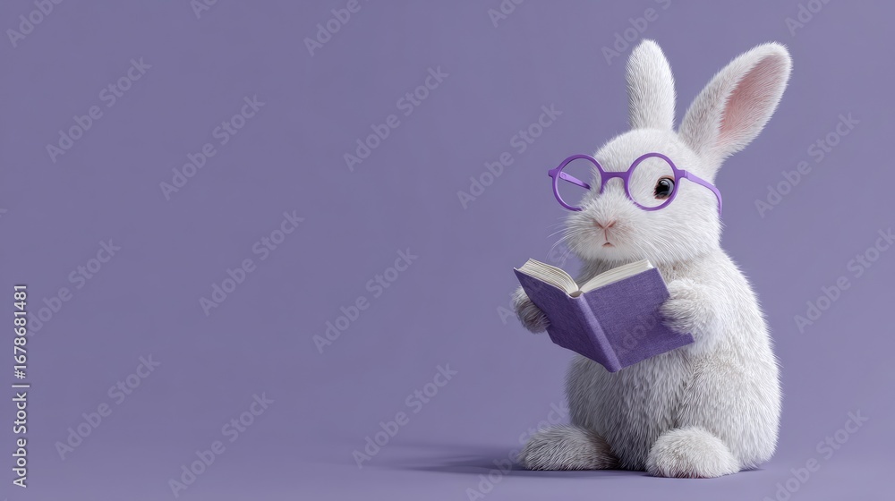 Obraz premium Studious white rabbit with purple glasses and book