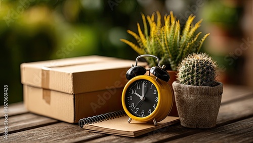A cardboard box, yellow alarm clock, succulents, and notebook sit on a wooden table, subtly blurred background of plants