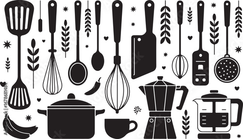 A useful set of monochrome vector icons featuring essential kitchen utensils and cookware for cooking and baking-themed designs