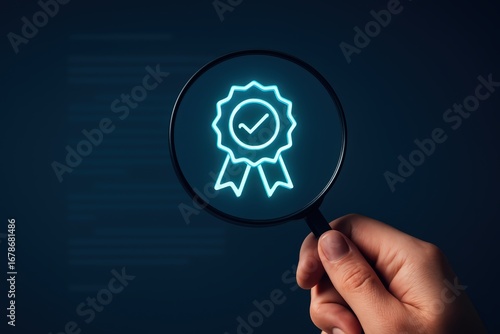 A glowing neon badge of quality is magnified by a hand-held magnifying glass against a dark background.