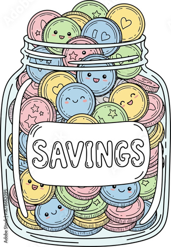 Cute cartoon coins overflowing a glass savings jar EPS/AI/PNG/JPEG