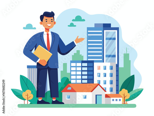 Friendly real estate developer presents modern buildings and homes in sunny cityscape scene