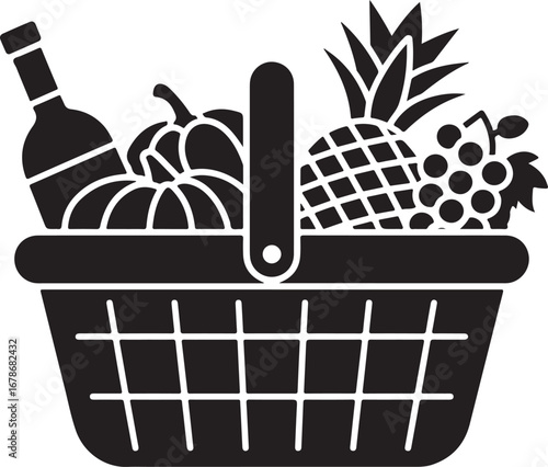 A line of black and white vector silhouettes of various cocktail glasses, decorated with fruit, straws, and umbrellas