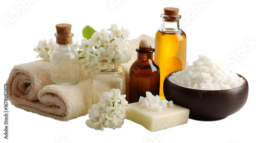 Relaxing spa essentials with essential oils, flowers, and bath salts for wellness and serenity  isolated on white background