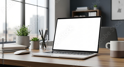 Wallpaper Mural Modern home office desk with laptop, mouse, plant, and coffee mug Torontodigital.ca