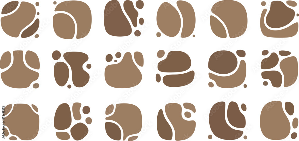 Obraz premium An array of fifteen rounded square icons filled with abstract, organic shapes in varying shades of brown.