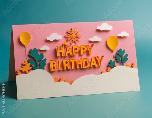 Happy birthday greeting card in colorful paper cut and craft style with text and decorative stars on bright background