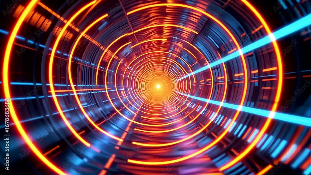 Glowing futuristic tunnel with neon circular lights creating high tech sci fi background perspective view