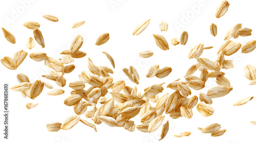 Delicious rolled oats floating, perfect for healthy breakfast inspiration and culinary projects  isolated on white background