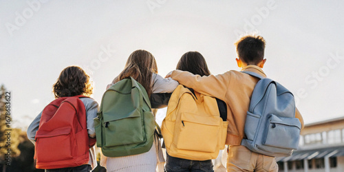 Abstract background. Back to school concept for Behind the group of students walking side by side with backpacks in the spirit of friendship and collective learning