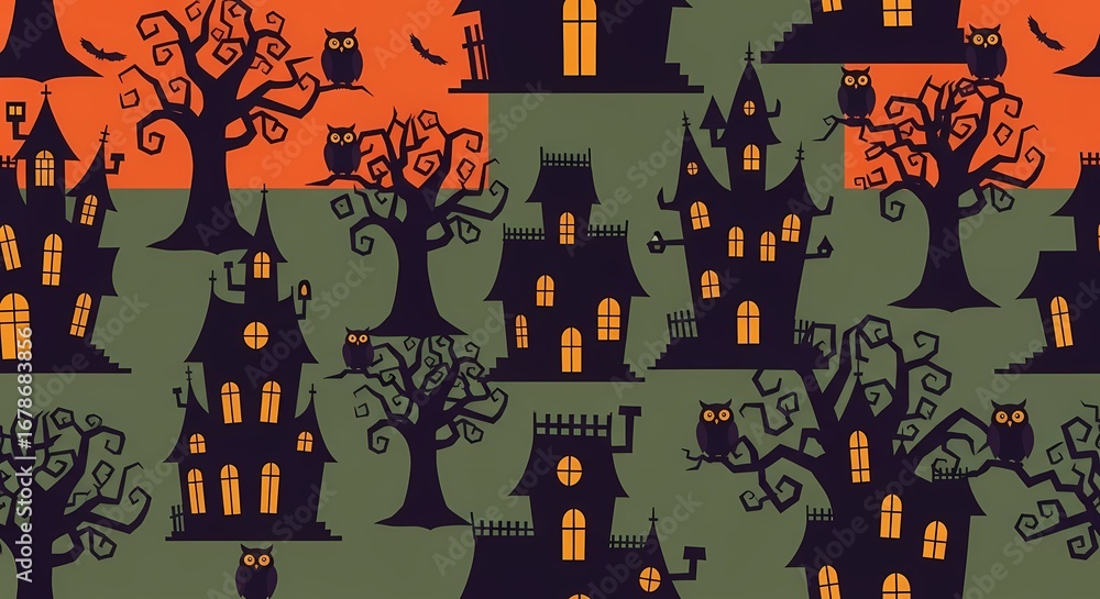 Spooky Halloween Seamless Pattern Haunted Houses, Owls, and Trees