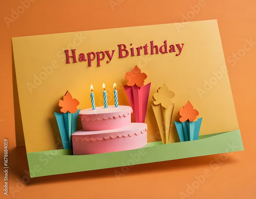 Happy birthday greeting card in colorful paper cut and craft style with text and decorative stars on bright background