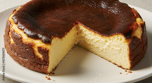 Burnt Basque Cheesecake with Dark Brown Crust on Round Plate