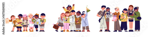 Different students groups set. Cute kids, pupils of elementary, middle and high school. Primary, secondary and senior classmates stand together. Flat isolated vector illustrations on white background