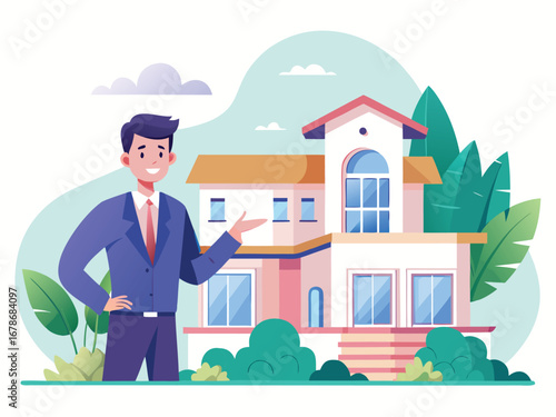 Realtor presents luxurious house property to potential buyers with enthusiastic presentation style