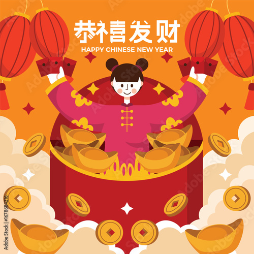 Woman Character with Red Packet in Chinese New Year Concept