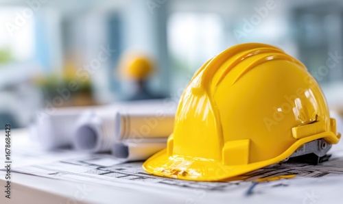 Yellow safety helmet on blueprints