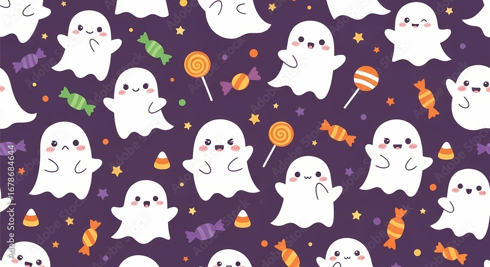 Naklejka premium Cute Ghost and Candy Seamless Pattern - Halloween Background Design