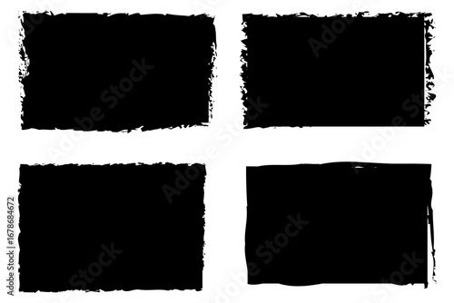 Set of distressed frames. Rough texture borders. Grunge rectangle shapes. Vector artistic elements.