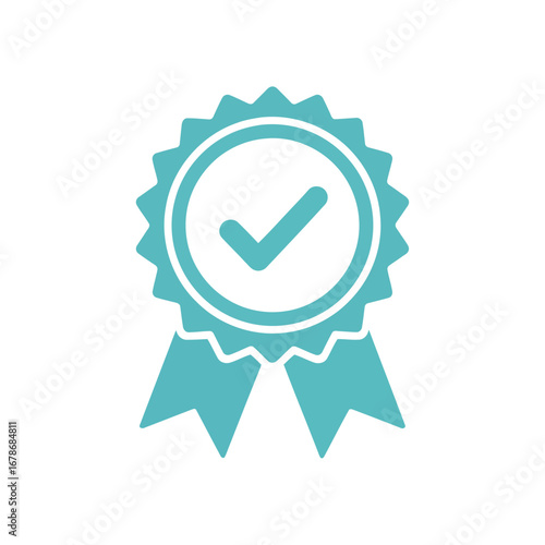 Vector illustration of a turquoise award ribbon with a checkmark inside a circle