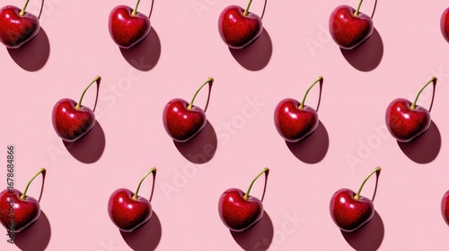 Heart-shaped cherries in a symmetrical pattern on pink