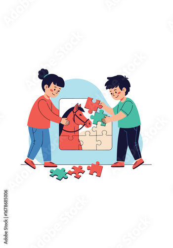 Kids happily completing a horse puzzle together fosters teamwork and problem-solving skills for children