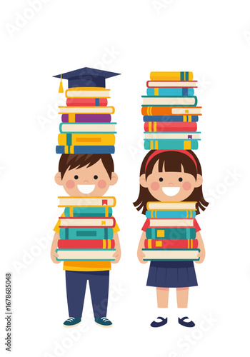 Eager students carrying colorful books with smiles for back to school promotions or reading initiatives